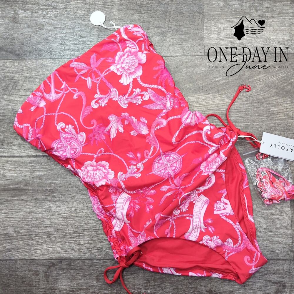 SeaFolly Ahoy DD Drawstring Bandeau One Piece Swimsuit Red NWT Size 6